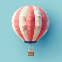 Naklejka premium 3D illustration of a red and white hot air balloon floating against a blue sky backdrop.