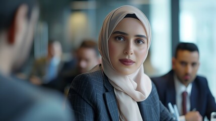 
A young Islamic businesswoman in a headscarf, dressed in a professional suit, leading a team meeting in a financial consulting firm's boardroom