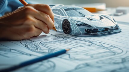 Close-up of engineer's hands holding pencil, skillfully outlining contours of futuristic car on paper, blending creativity and technical expertise in conceptualizing advanced automotive prototypes