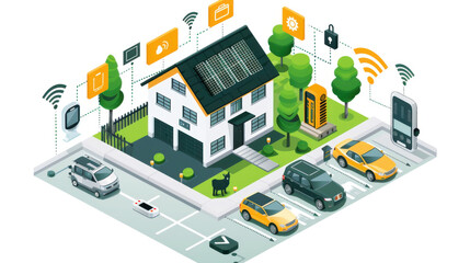 Obraz premium Illustration of a smart home equipped with solar panels, electric cars, and connected devices highlighting modern technology.