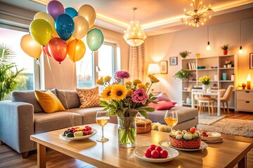 Warmly lit modern living room with balloons, flowers, and refreshments, decorated for a housewarming party, showcasing a family's new cozy and inviting home.