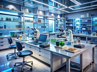 Scientists' workbenches cluttered with petri dishes, microscopes, and futuristic equipment amidst shelves stacked with books and futuristic screens in a modern medical laboratory.