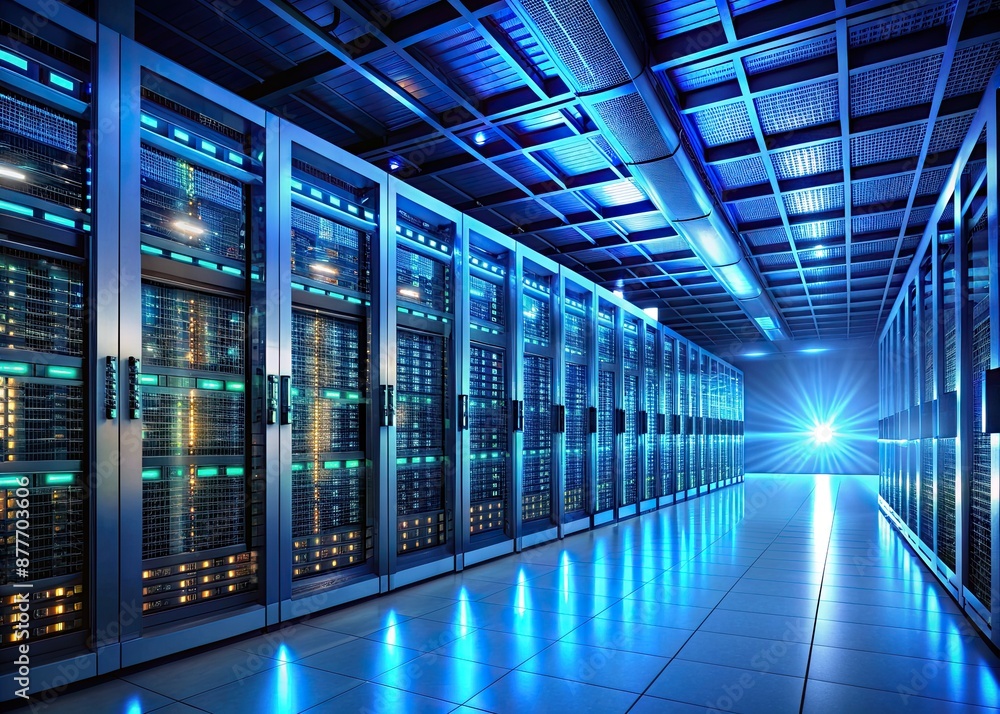 Poster futuristic technological facility with rows of computer servers and sleek machinery, illuminated by 