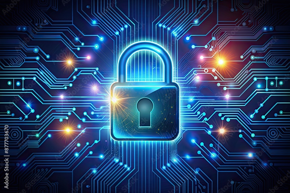 Poster electronic circuit futuristic neon padlock. copy paste empty place for text. cyber, personal data, p