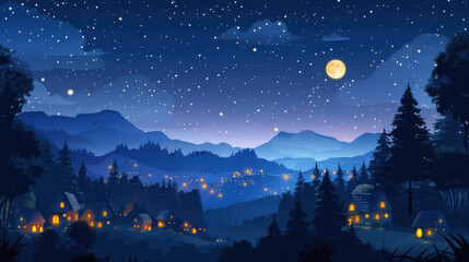 Fototapeta premium A serene night scene featuring a starry sky, a bright full moon, and a quaint village nestled among mountains.