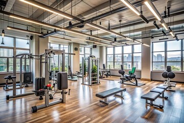 Empty modern fitness studio filled with exercise equipment and natural light, awaiting a group of athletes and fitness enthusiasts to start their workout routine.