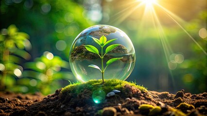 Vibrant green sprout emerging on a luminous transparent globe, symbolizing eco-friendly growth, harmony with nature, and a thriving sustainable future for our planet.