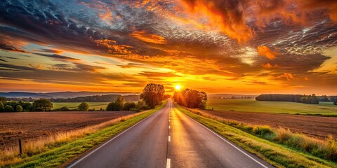 Naklejka premium A serene and peaceful rural landscape with an empty road stretching into the distance, illuminated by a warm and vibrant orange sunset sky.