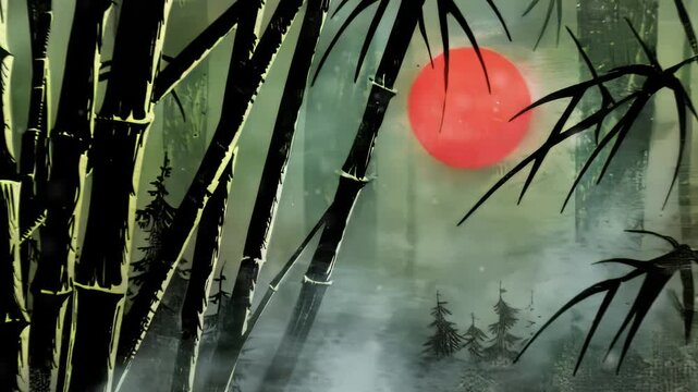 Bamboo trees, forest in fog and big red sun hand drawn with ink. Traditional oriental ink painting sumi-e, u-sin, go-hua. Contains hieroglyph - happiness. anime animation. Photorealistic