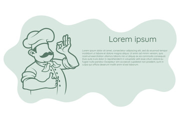 Stylized chef big mustache men uniform showing okay gesture sign with his hand, flat vector illustration