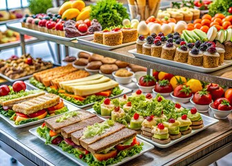 Obraz premium Freshly prepared assortment of sandwiches, salads, fruits, and desserts arranged artfully on trays at a modern full-service station, perfect for catering or buffet setup.