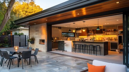 Naklejka premium Mid-century modern suburban kitchen with a retractable wall that opens to an outdoor bar, seamlessly integrating indoor and outdoor entertaining spaces