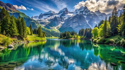Fototapeta premium Serene alpine scenery with towering snow-capped mountain peaks rising above a tranquil valley surrounded by lush green forests and sparkling blue waters.