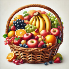 A colorful wicker basket filled with a variety of fresh fruits, including apples, bananas, grapes, oranges, and berries.