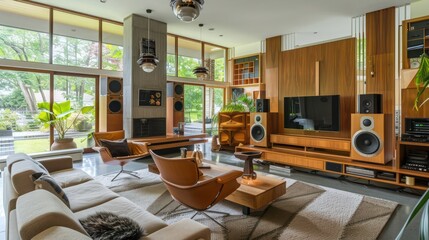 Mid-century modern suburban home with an integrated audio system that plays through hidden speakers throughout the house