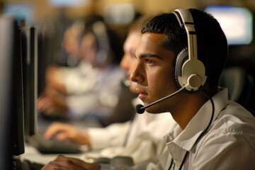 Male telemarketer wearing headset focusing on customer service at busy call center