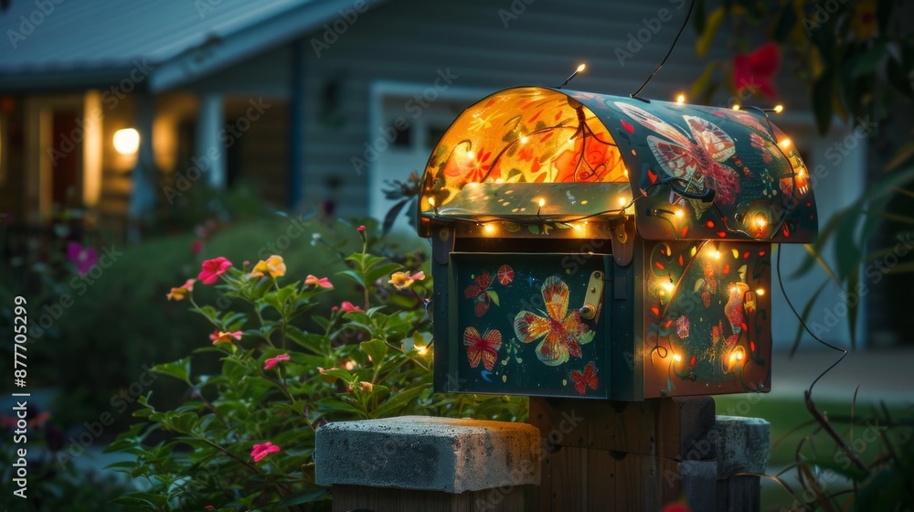 Poster A colorful mailbox with butterflies and string lights is illuminated in the evening. The mailbox is mounted on a wooden post in front of a home. Flowers and green foliage surround the mailbox.