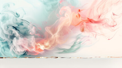 Obraz premium Abstract 3d flowing smoke background, with pastel gradients of pink and orange, swirling seamlessly into blue and teal, with golden accents, luxury and elegance, a dreamlike and ethereal feel