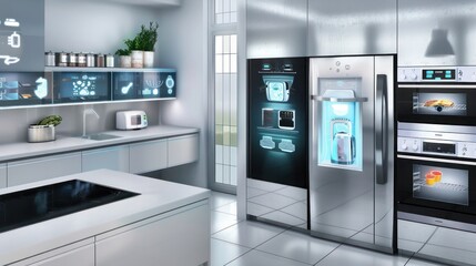 Mid-century modern suburban home with a fully integrated kitchen system that includes smart appliances which can be controlled remotely