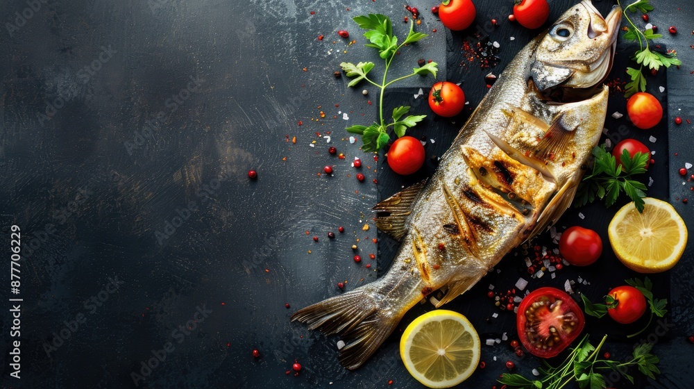 Poster grilled seabass on dark background with text space