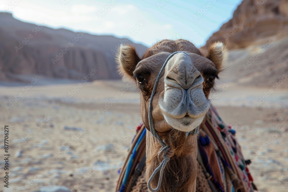Poster camel is standing in the desert with mountains in the background