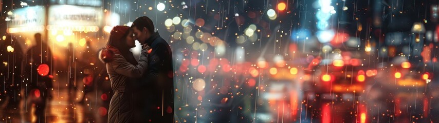 Obraz premium couple kissing in the rain in a city at night