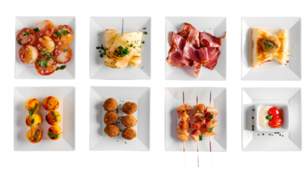 Assorted tapas and appetizers arranged on white square plates.

