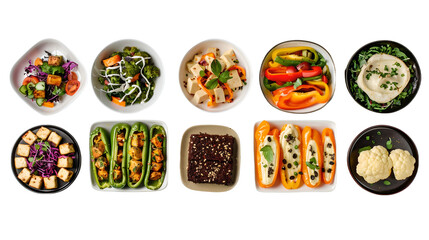 Variety of vegetarian dishes with vibrant vegetables and unique presentations on white background.
