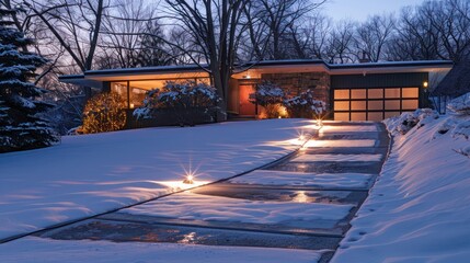 Mid-century modern suburban driveway with heated concrete for snow melting and embedded LED lighting for guidance at night