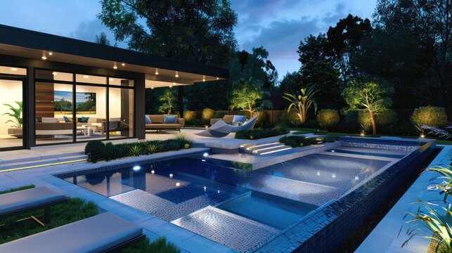 Mid-century modern suburban backyard with a geometric swimming pool, a sunken lounge area, and LED landscaping lights