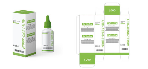 Green Acid Packaging box design template layout with Box die line, icon, frames and Design Illustration, Vector design Template image of cosmetic bottle and box.