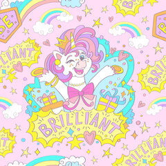 Cute brilliant unicorn seamless pattern vector Illustration