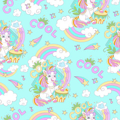 Cute unicorn with a drum seamless pattern vector Illustration