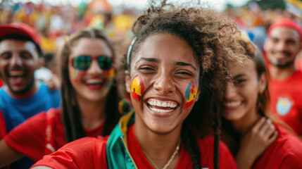 Naklejka premium Joyful sports fans with face paint and flags, smiling and celebrating at a lively outdoor event.