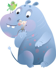 Cute Hippo with bird and mouse friends, fun cartoon for kids. Hippopotamus character for children, cute animals friends. Vector hand drawn clipart, colorful character design illustration for kids.