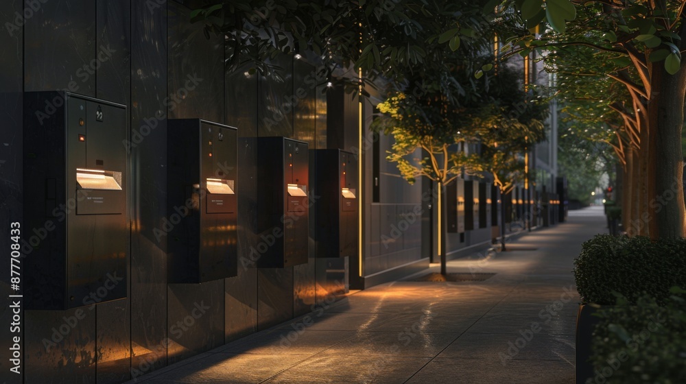 Fototapete a row of mailboxes line the side of a street, illuminated by soft lights. the street is bordered by 