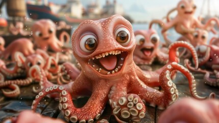Obraz premium Cute Octopus Fun at Harbor Celebration Adorable Sea Creatures Bring Joy to the Festivities Watch as these Amusing Beasts Bring Laughter and Delight to the Crowd, Making Memories that Will Last a
