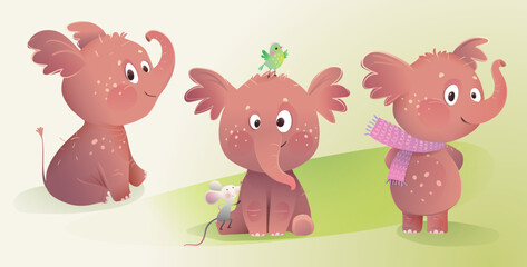 Cute baby elephant and his friends mouse and bird. Elephant character collection for children fairy tale. Animals for kindergarten cartoon. Hand drawn vector clipart set illustration for kids.