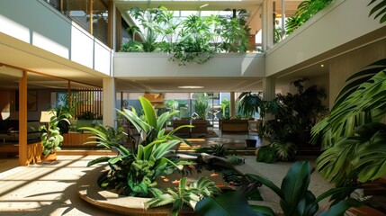 Mid-century modern suburban home with a central atrium that includes a small pond and a variety of tropical plants