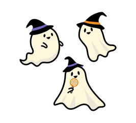 ハロウィーンの帽子をかぶったおばけのイラストセット