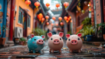 Obraz premium Three Adorable Pigs Surprise Villagers in a Quaint Town Square, Creating a Delightful and Unexpected Encounter, A Moment of Joy and Whimsy Captured in a Charming Photo