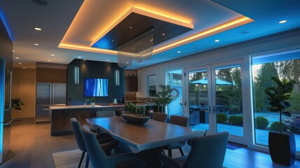 Mid-century modern suburban dining room with a ceiling feature that includes adjustable lighting to set different moods