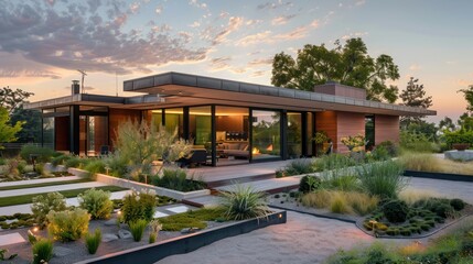 Mid-century modern suburban home with a rooftop terrace, featuring a minimalist garden and panoramic views
