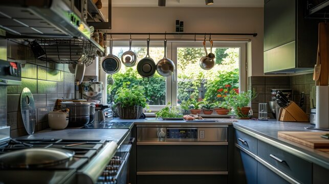 Mid-century modern suburban kitchen with a ceiling-mounted pot rack and a backsplash window garden