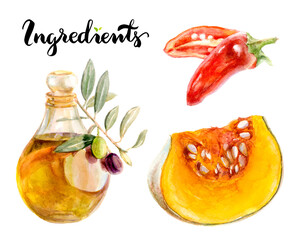 Featuring fresh ingredients like olive oil, chili pepper, and pumpkin slices in a watercolor style