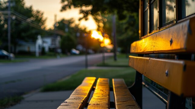 Empty school bus stop in morning light on a tranquil suburban street. Early morning light on an empty school bus stop along a quiet suburban street.