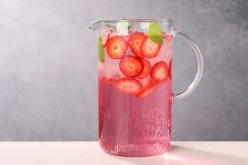 Freshly made strawberry lemonade with mint in jug and glass on white wooden table against grey background