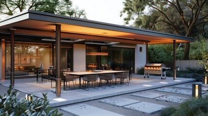 Mid-century modern suburban home with a covered outdoor dining area that includes infrared heaters and a retractable roof for all-season use