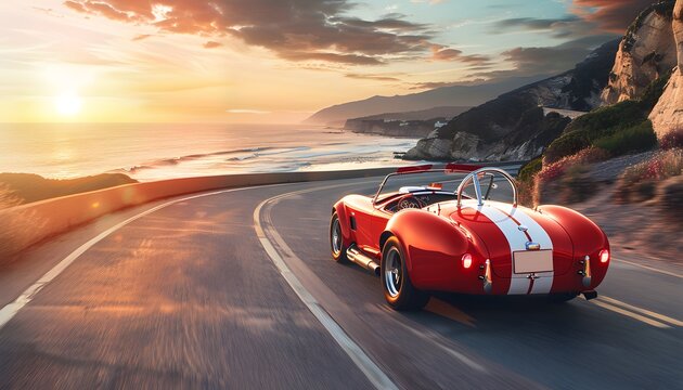 Red Classic Sports Car on Coastal Road at Sunset