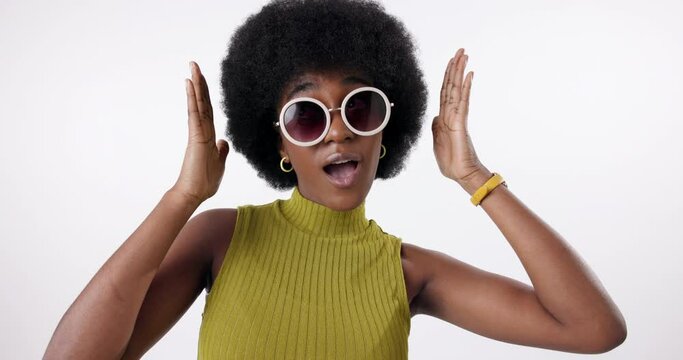 Fashion, face and black woman with sunglasses or hands frame in studio isolated on white background. Portrait, shades or cool African person with style or trendy accessory of confident model in Kenya